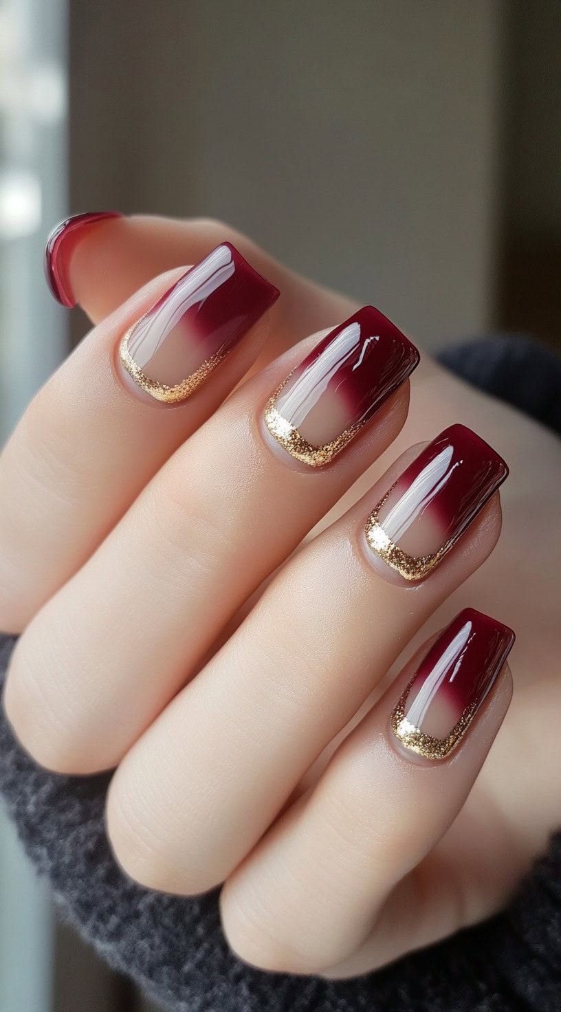 Square-shaped nails featuring a burgundy-to-nude ombre design with gold glitter French tips.