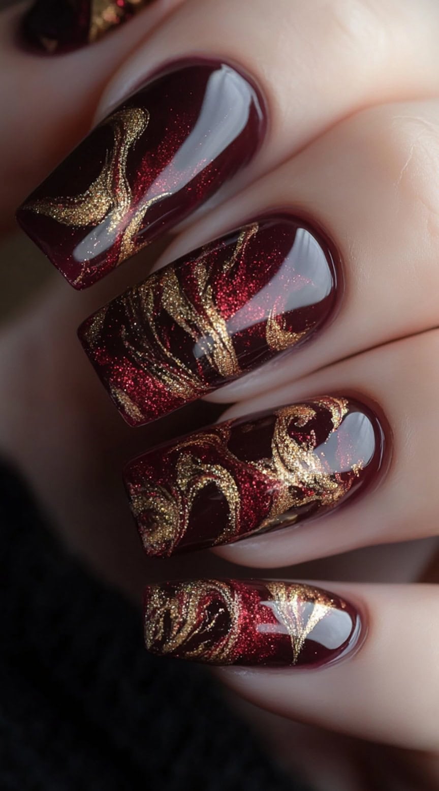A hand with glossy burgundy nails featuring a swirling gold marble effect.
