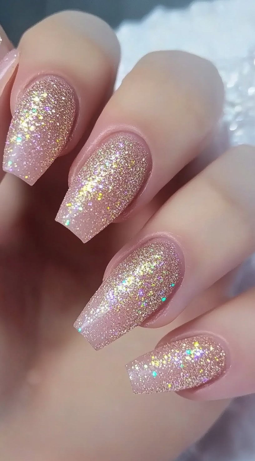 Coffin-shaped nails coated in a champagne gold glitter polish with a full sparkle effect under soft lighting.