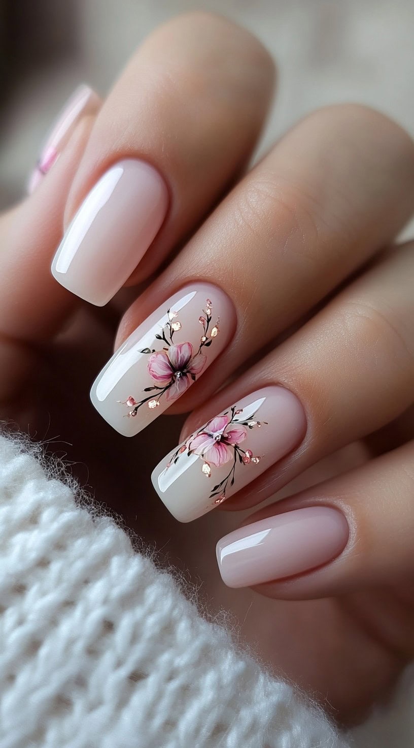 Square-shaped nude nails with hand-painted cherry blossom accents in soft pink and white.