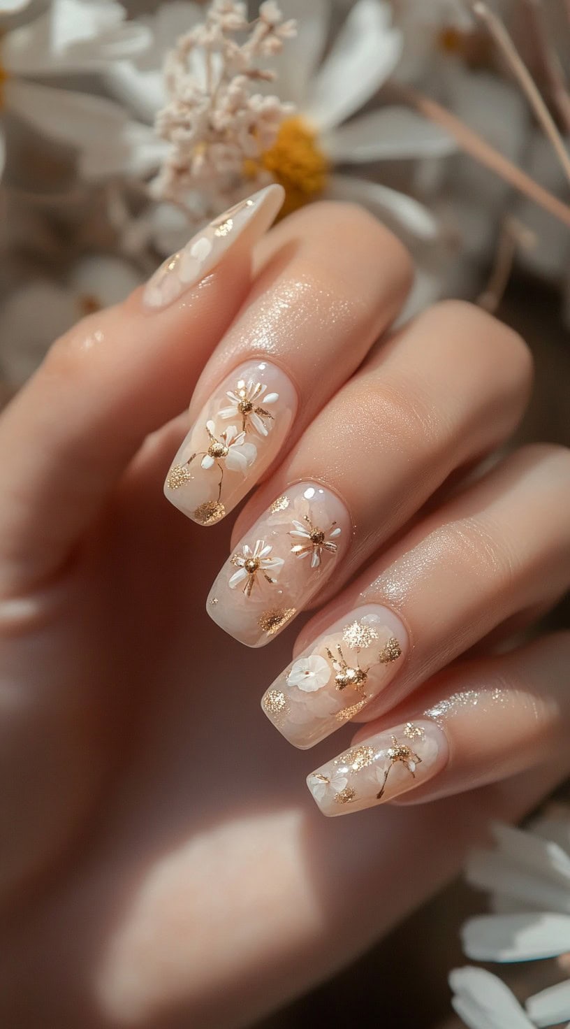 Almond-shaped nails with a sheer nude base, decorated with hand-painted white daisies and gold foil accents.