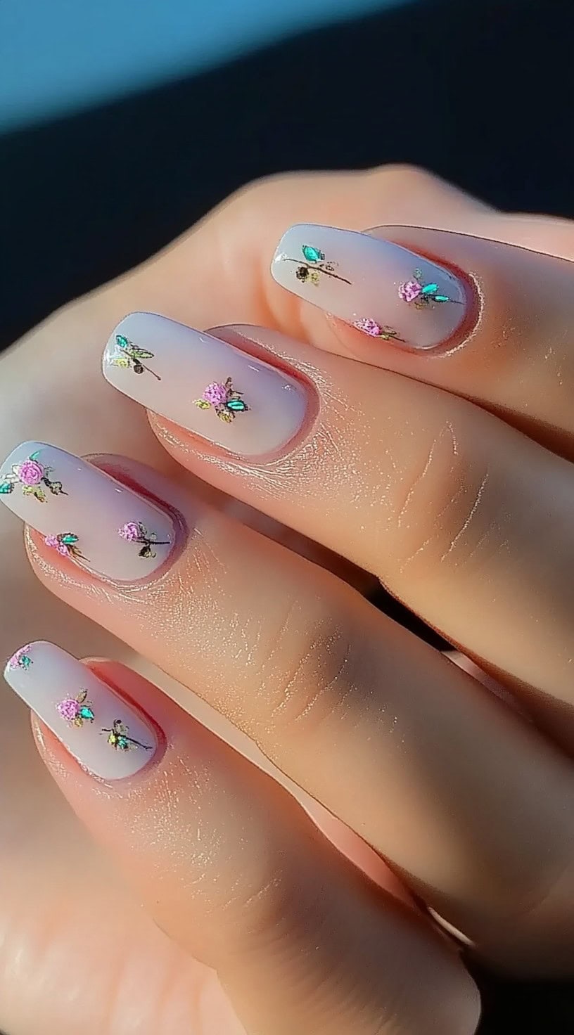 Square-shaped nails with a translucent base and delicate floral decals in soft pink, green, and gold accents.