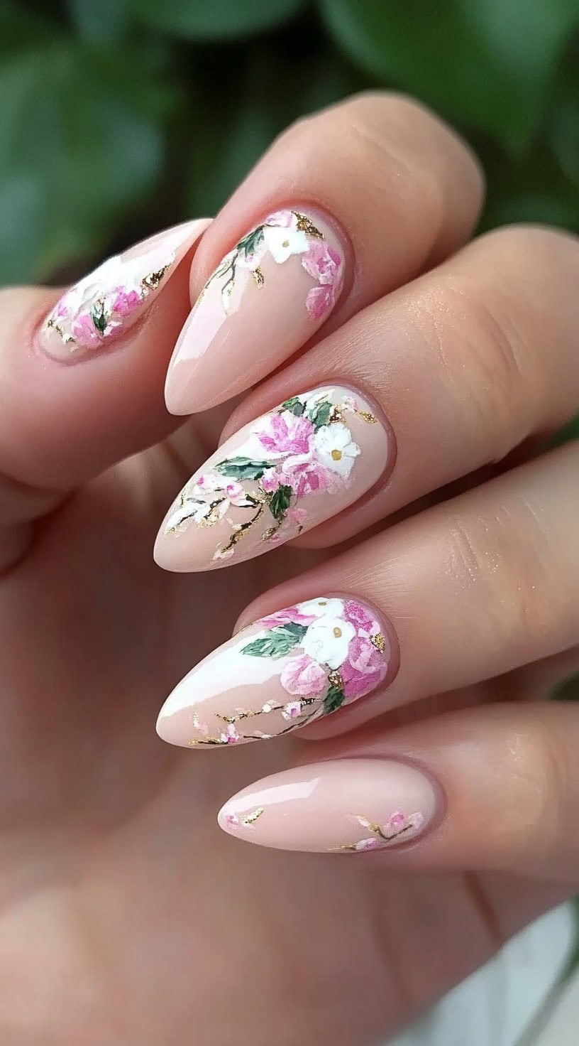 Almond-shaped blush nails with hand-painted floral designs in pink, white, and gold accents.