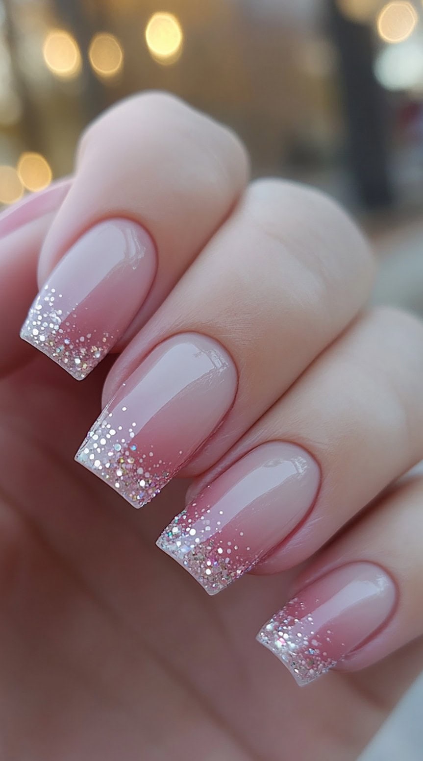 Square-shaped nails with a gradient glitter French tip design.