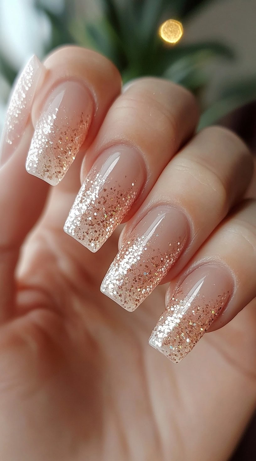 Square-shaped nails with a soft glitter ombre design transitioning from nude to gold.