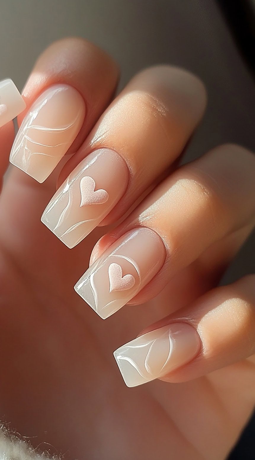 Square-shaped glossy nude nails with white heart accents and subtle line detailing.