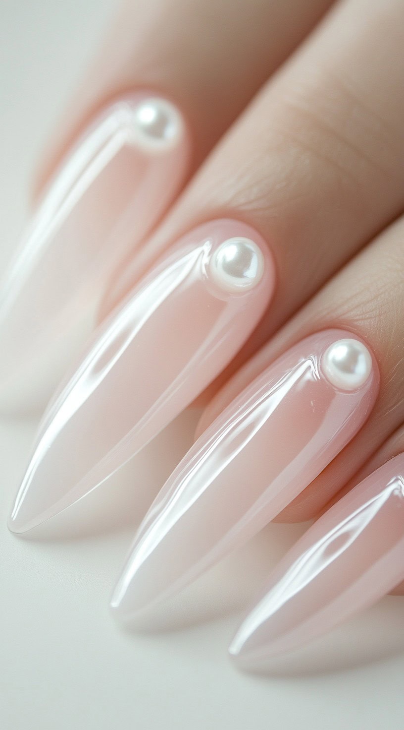 Long stiletto-shaped nails with a sheer nude base, high-gloss finish, and a single pearl accent near the cuticle on each nail.