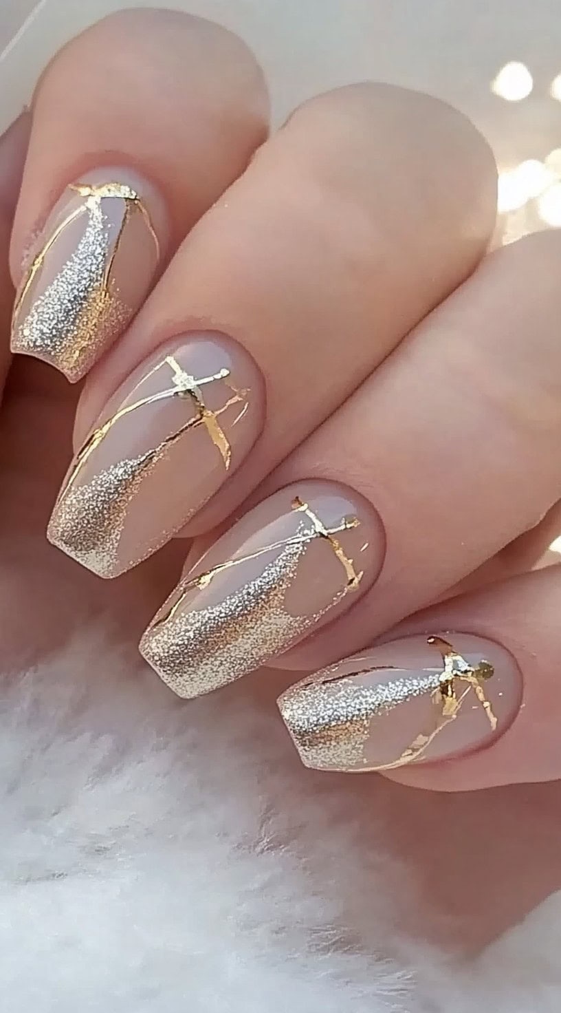 A hand with square-shaped nails featuring a soft nude base, sparkling silver glitter at the tips, and intricate gold foil cracks resembling Kintsugi art.