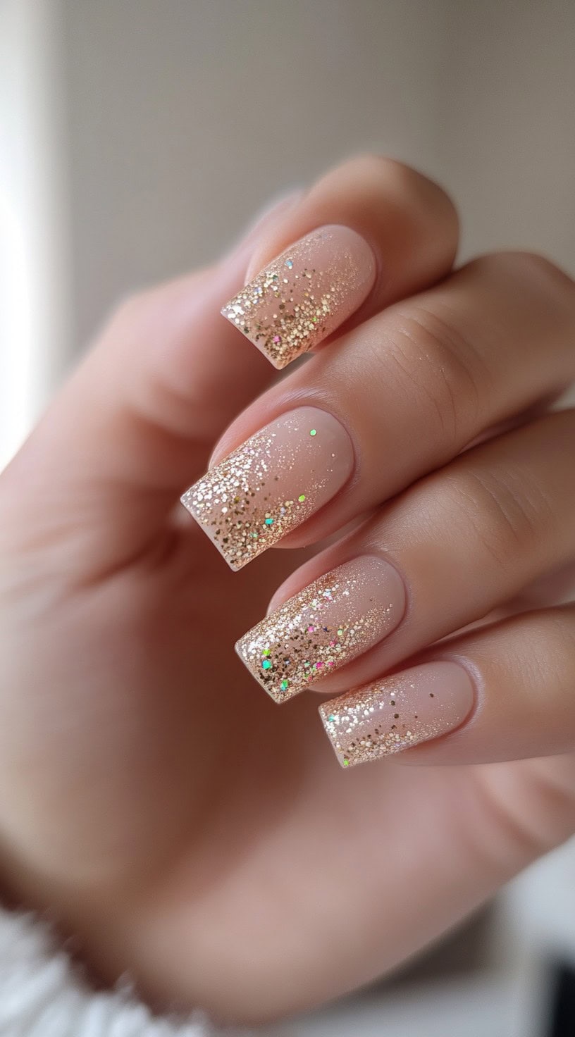 Square-shaped nails with a soft nude base transitioning into gold glitter ombre at the tips.