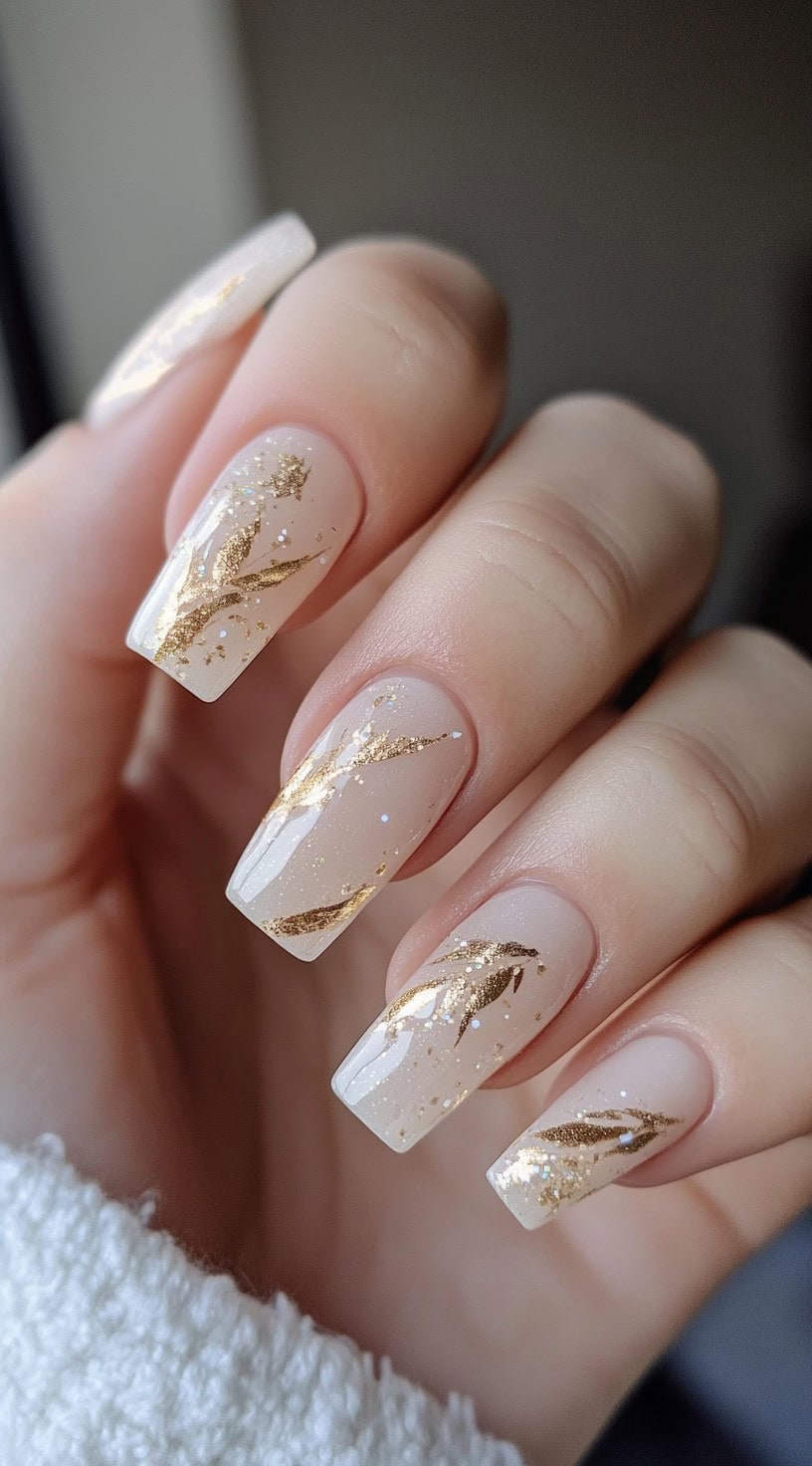 Square-shaped nails with a milky white base, featuring delicate gold leaf accents and subtle glitter for an elegant bridal touch.