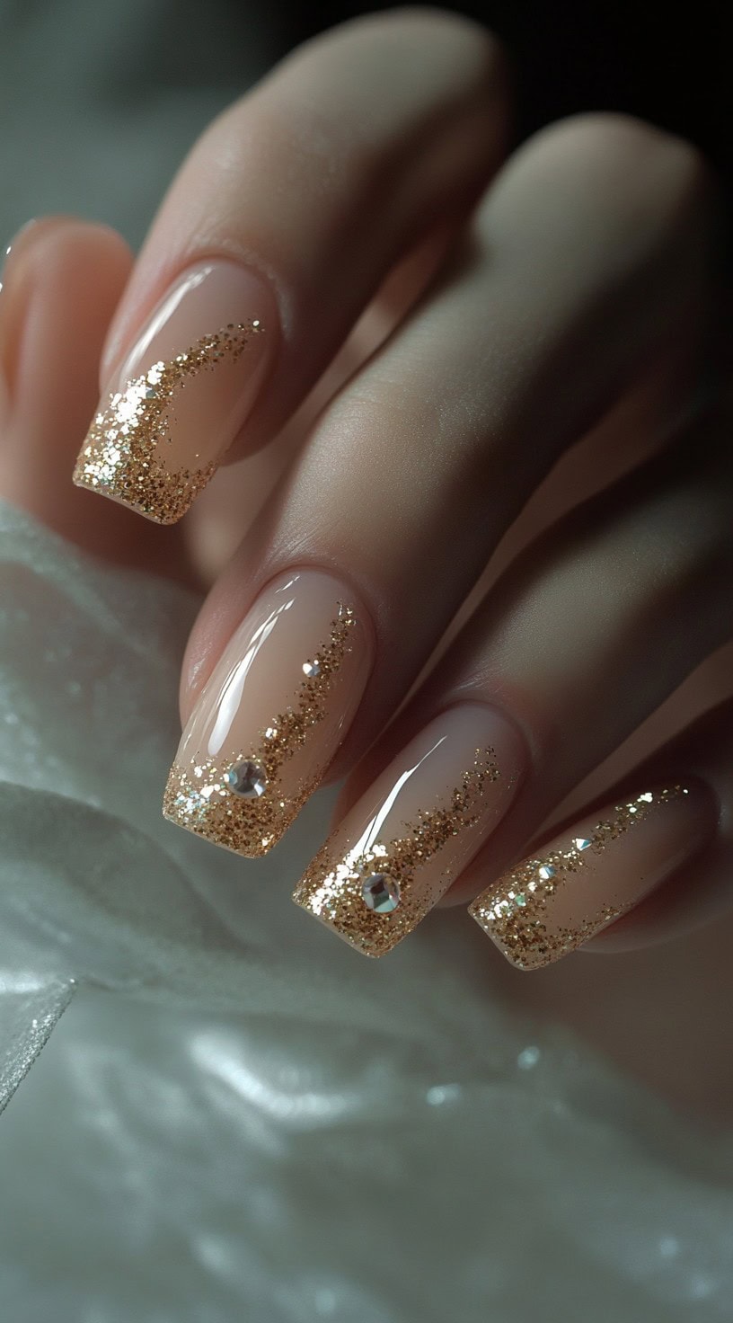 Square-shaped nude nails with golden glitter French tips featuring a curved crescent accent and tiny gemstone details.