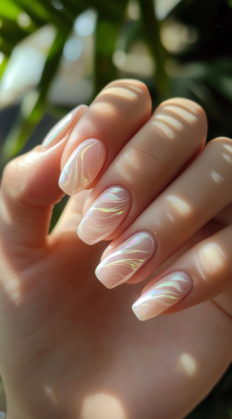Almond-shaped nails with a soft nude base featuring delicate iridescent swirls that reflect pastel hues in the light.