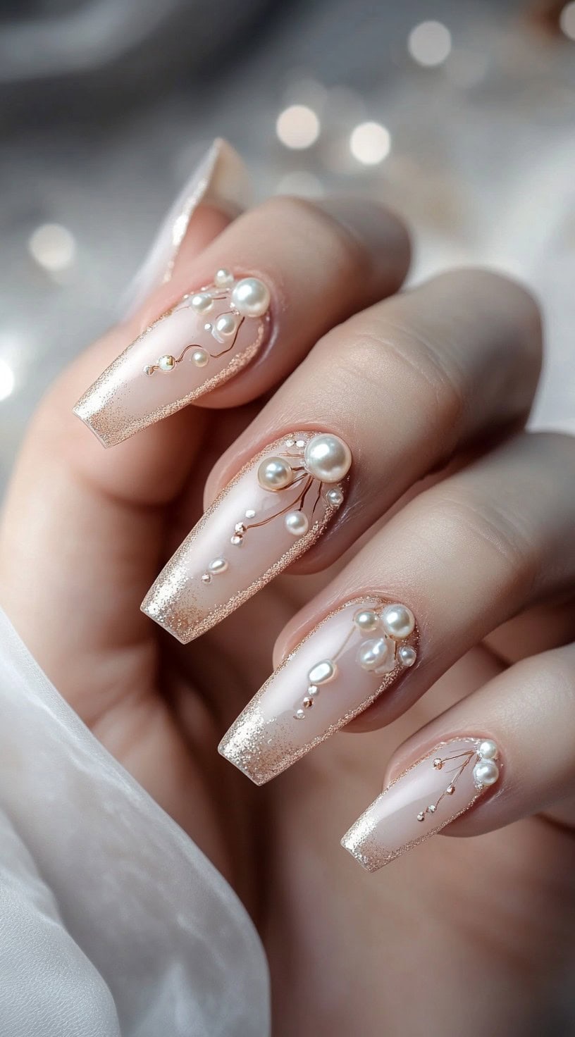 Elegant coffin-shaped nails with a sheer nude base, gold-glittered tips, and delicate pearl embellishments forming intricate floral patterns.