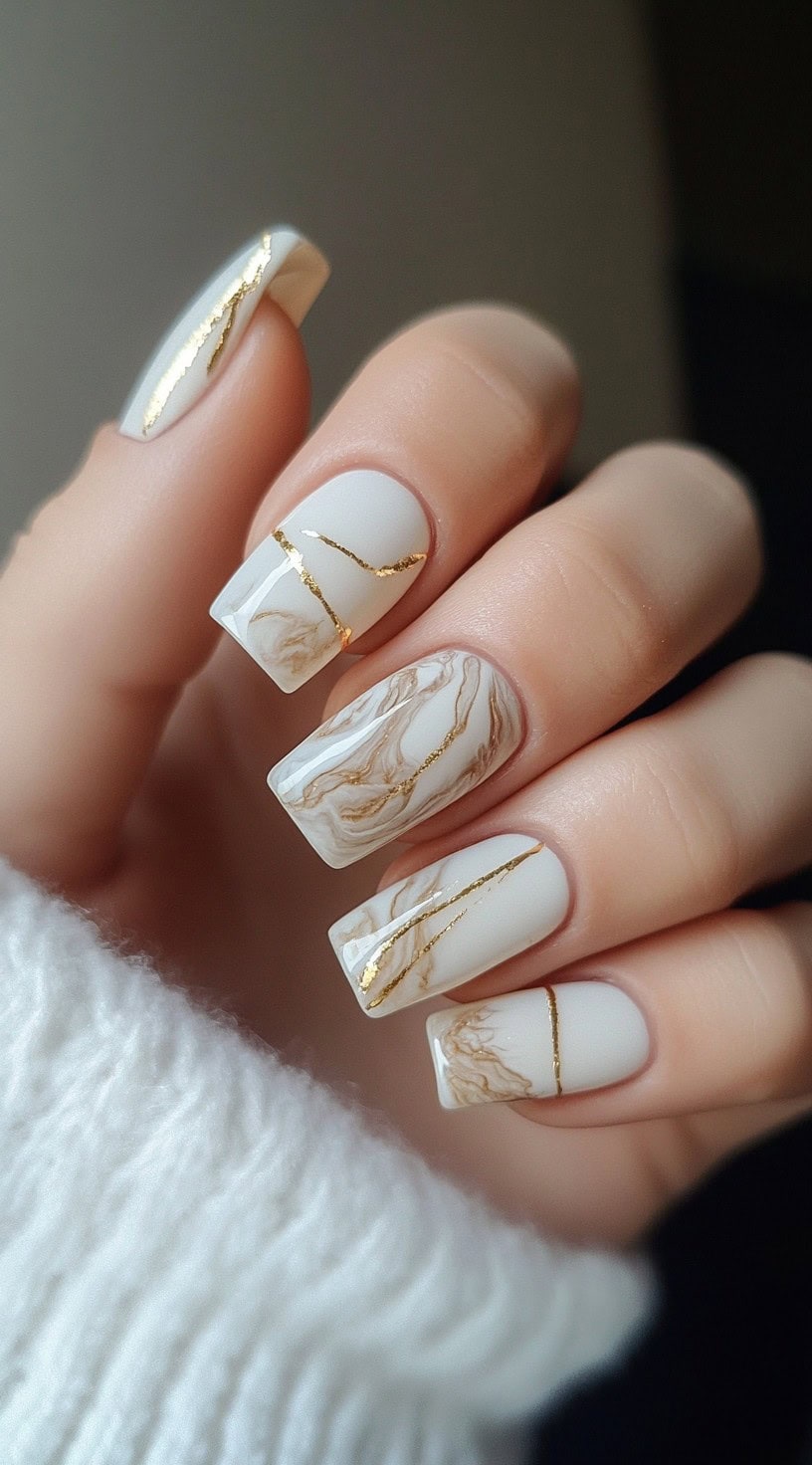 Square coffin-shaped nails with a marble pattern and gold foil accents.