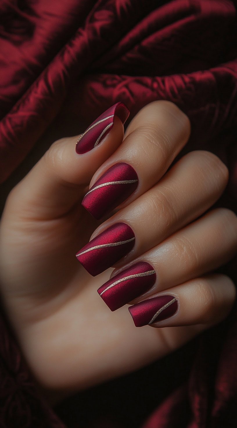 Square-shaped nails with a rich matte burgundy base and delicate gold lines for a sleek, modern touch.