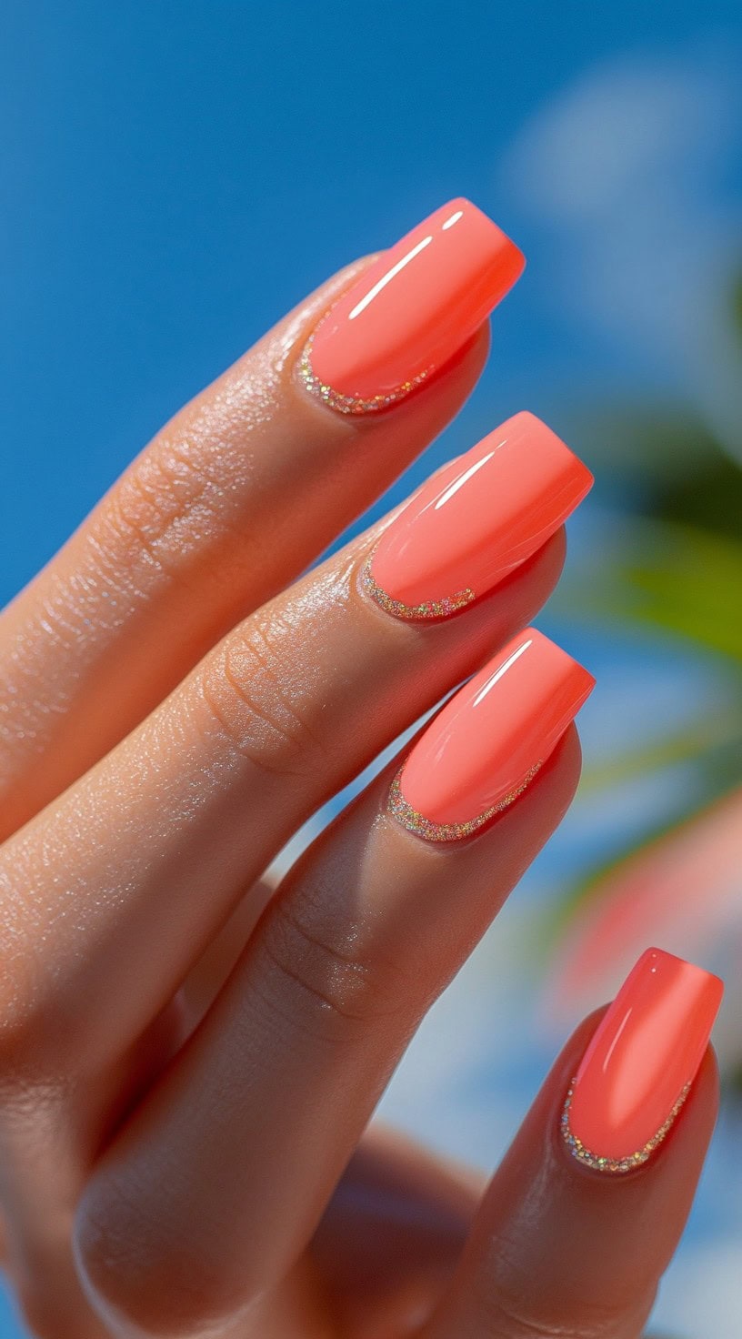 Square-shaped nails in neon coral with a thin, glittery gold accent lining the cuticle.