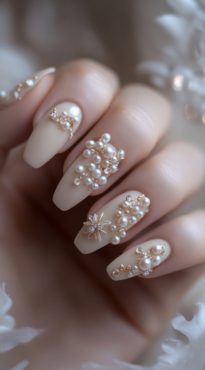 Coffin-shaped nails with a milky nude base, adorned with pearl clusters and gold embellishments forming intricate floral designs.