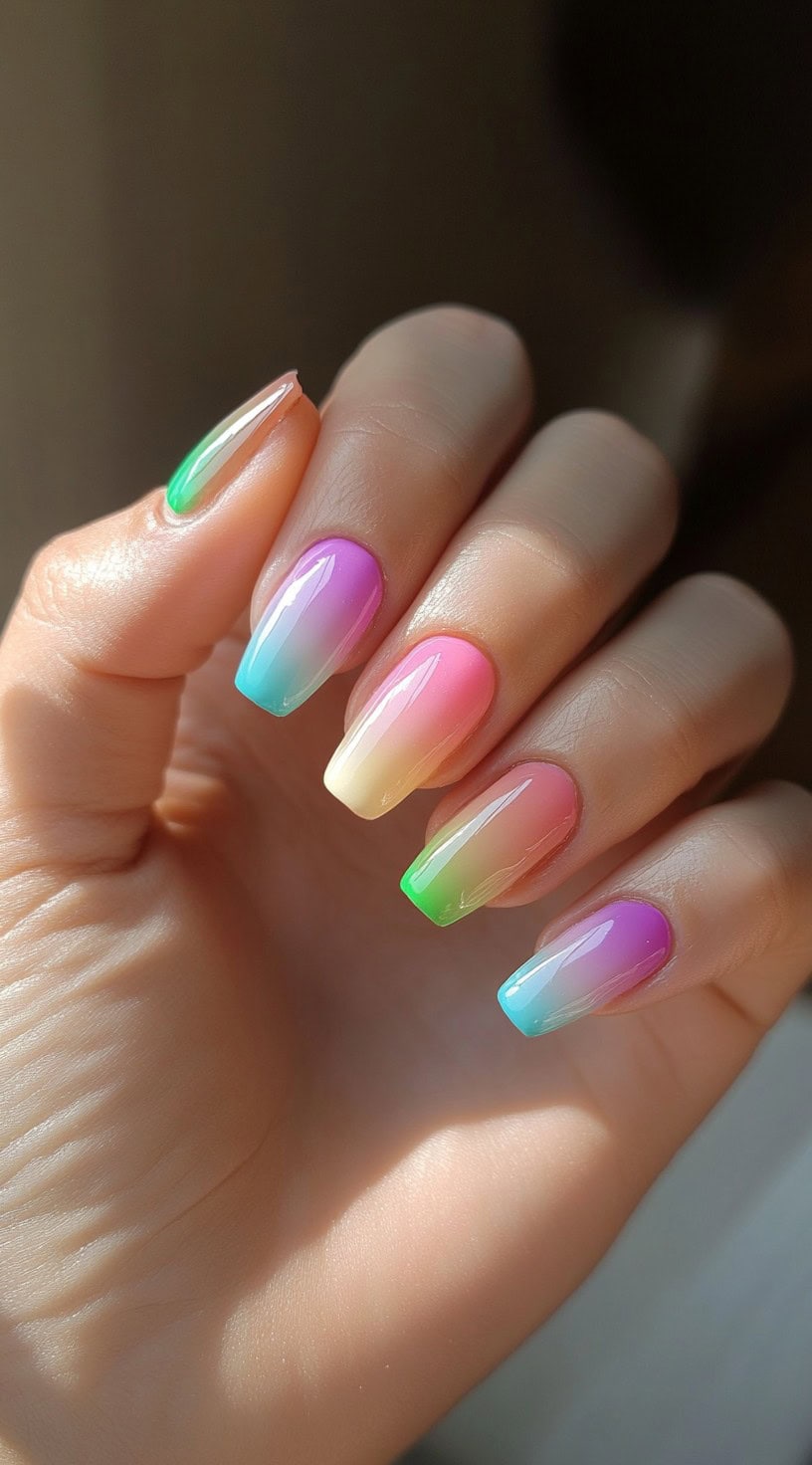 Long square-shaped nails featuring a soft pastel ombre with hues of pink, blue, green, and purple blending seamlessly.