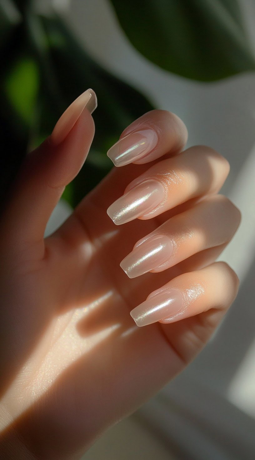 A hand with long, square-shaped nails featuring a pearlescent glazed effect on a soft nude base.