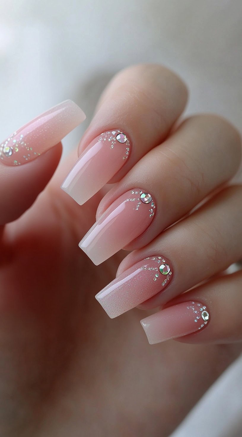 Long coffin nails with a pink glitter ombre design and rhinestone accents.