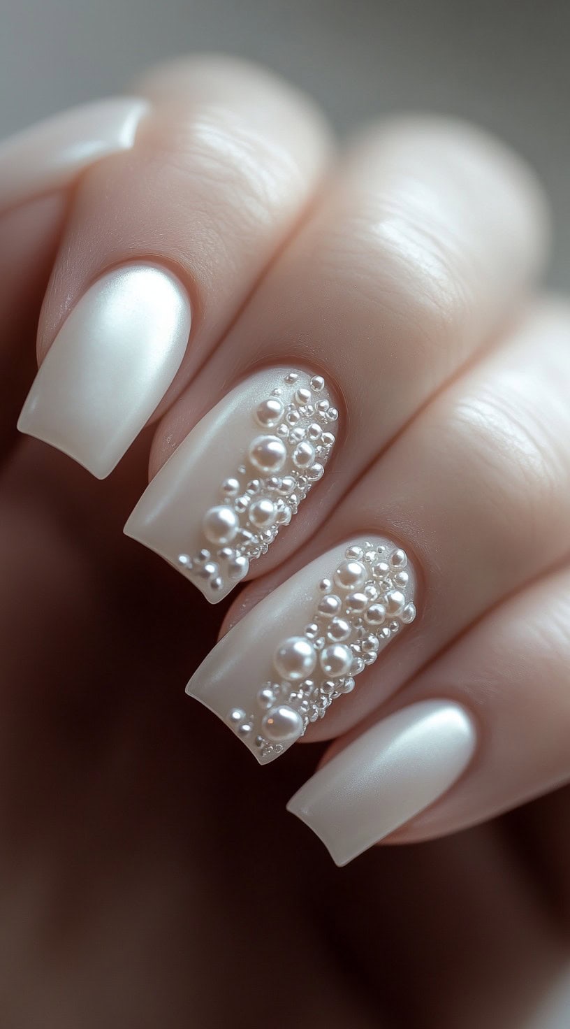 Square-shaped nails with a satin white finish, featuring a pearl-encrusted accent nail for an ultra-luxurious bridal touch.