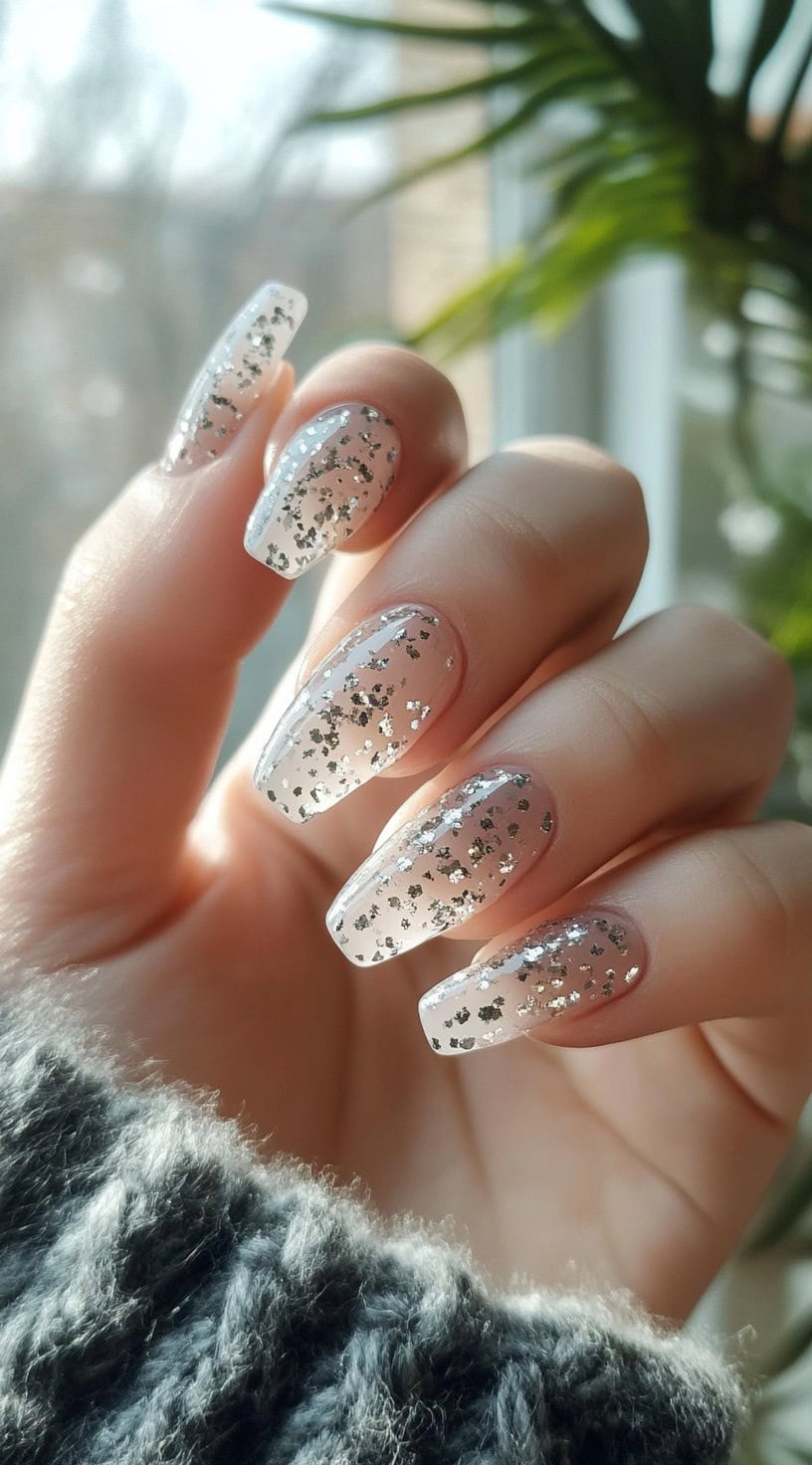Coffin-shaped clear nails with scattered silver glitter accents.