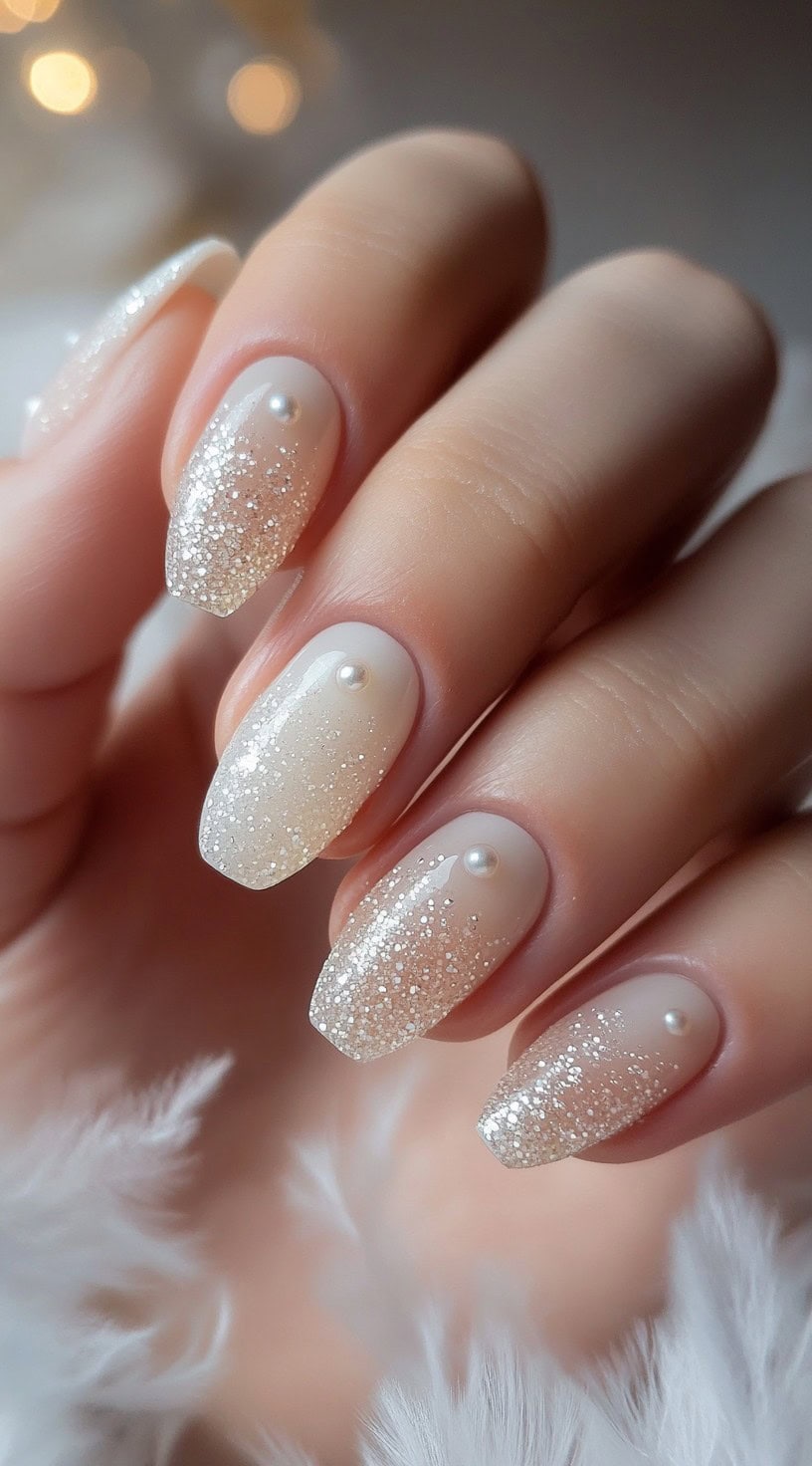 Almond-shaped nails with a soft ombre effect from sheer nude to shimmering white, adorned with dainty pearls and fine glitter.