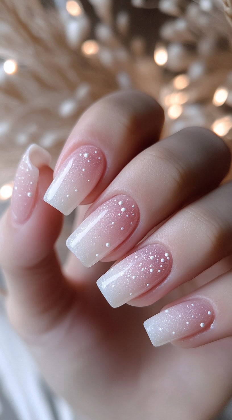 Square-shaped nails with a soft white ombre effect, adorned with tiny pearl-like dots resembling falling snow.