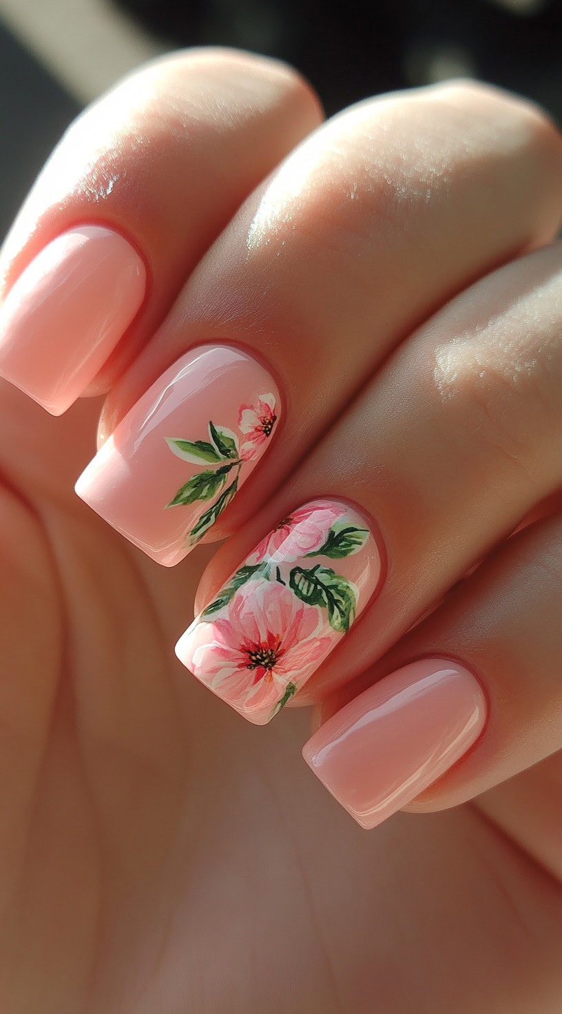 Square-shaped nails painted in soft pink, with two accent nails featuring intricate hand-painted floral designs in pink and green.
