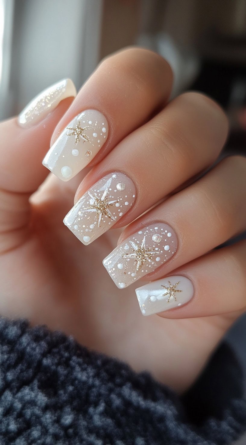 Short square-shaped nails with a sheer pink base, adorned with gold stars, tiny pearls, and white shimmer details for a celestial glow.