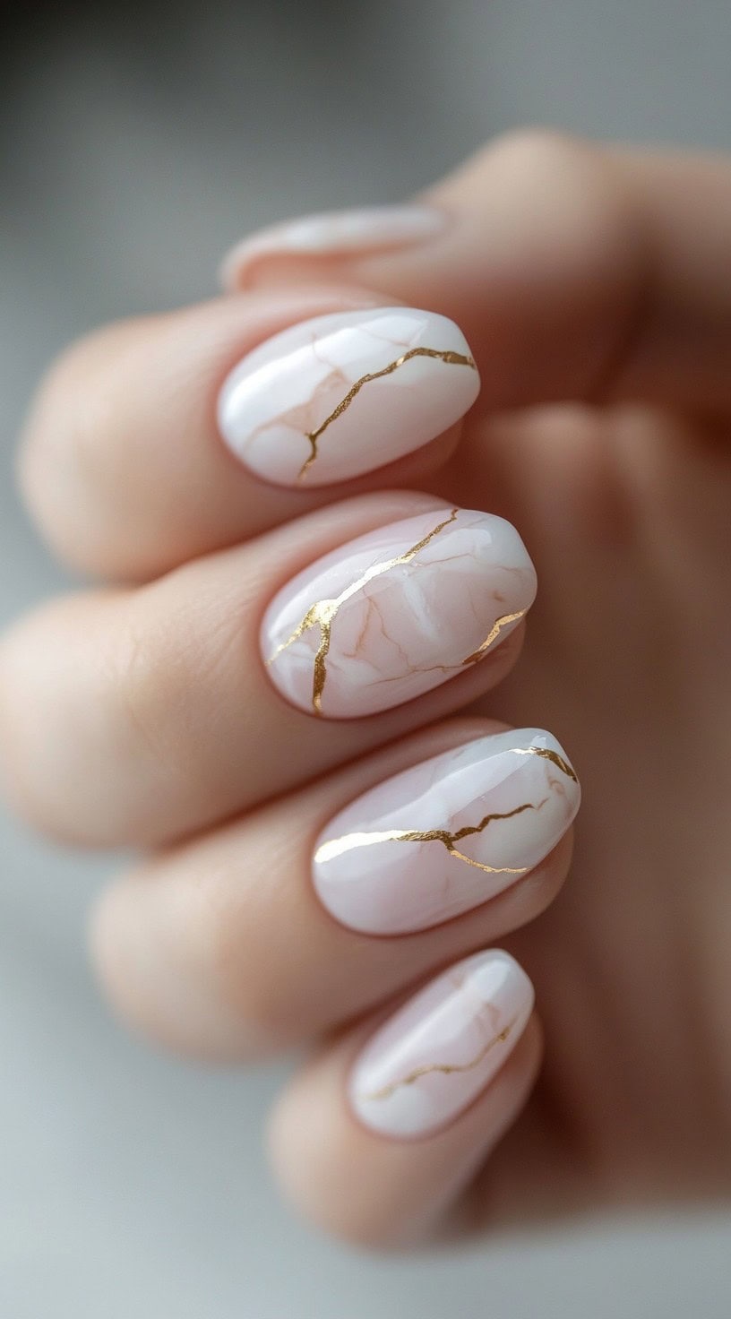 Oval-shaped nails featuring a white marble design with delicate gold veins running through the surface.