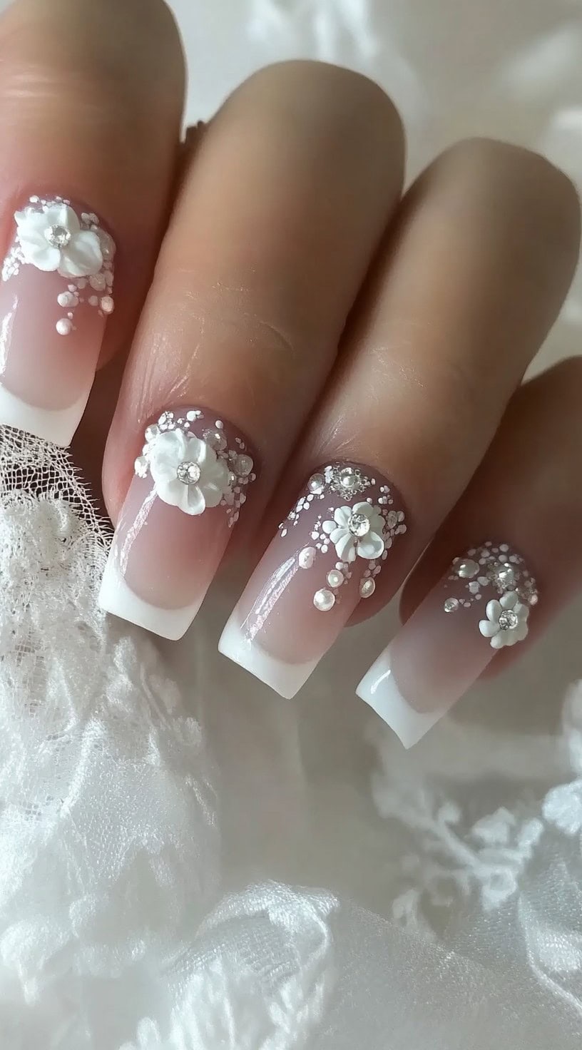 A set of square French nails with 3D white floral embellishments and pearl-like accents on a sheer pink base.