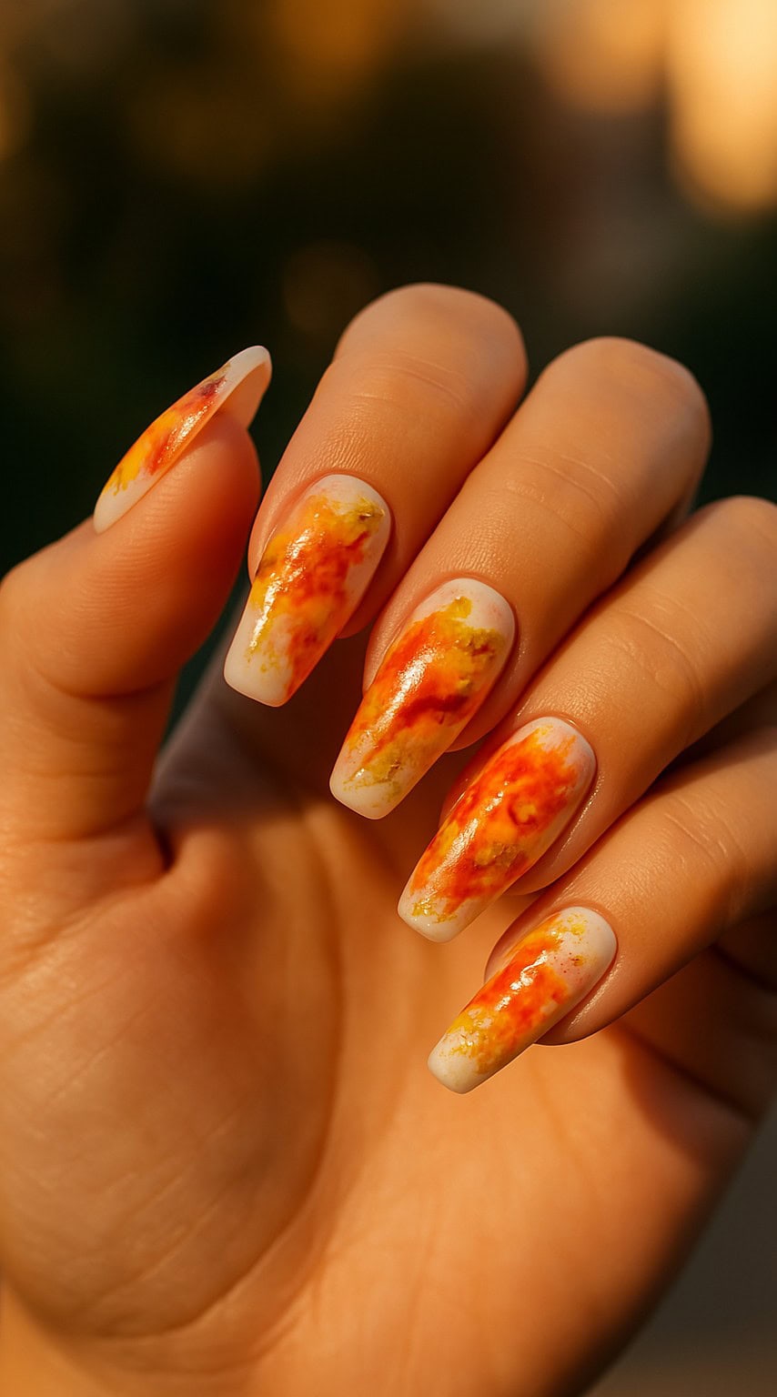 Hand with medium-length coffin nails decorated with abstract orange, red, and gold brushstroke patterns on a pale base.