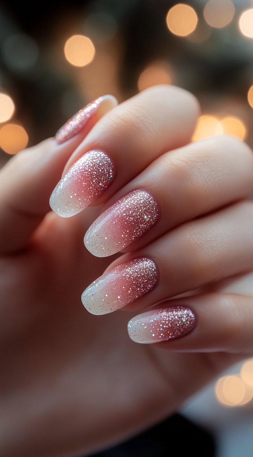 Almond-shaped nails display a pink and brown gradient covered in fine silver-pink glitter.
