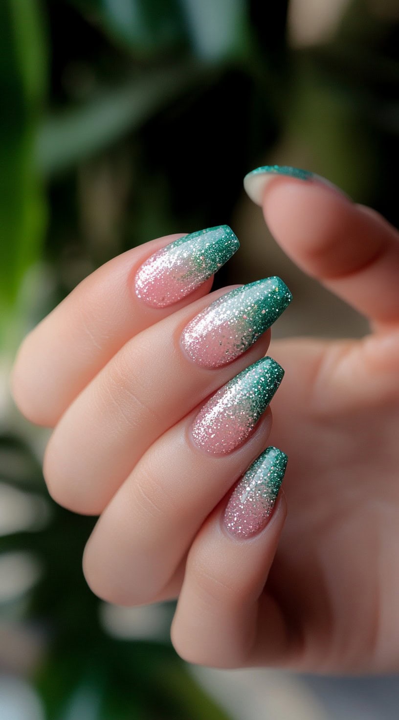 A hand with almond nails featuring a pink to green ombre design covered in sparkling glitter.