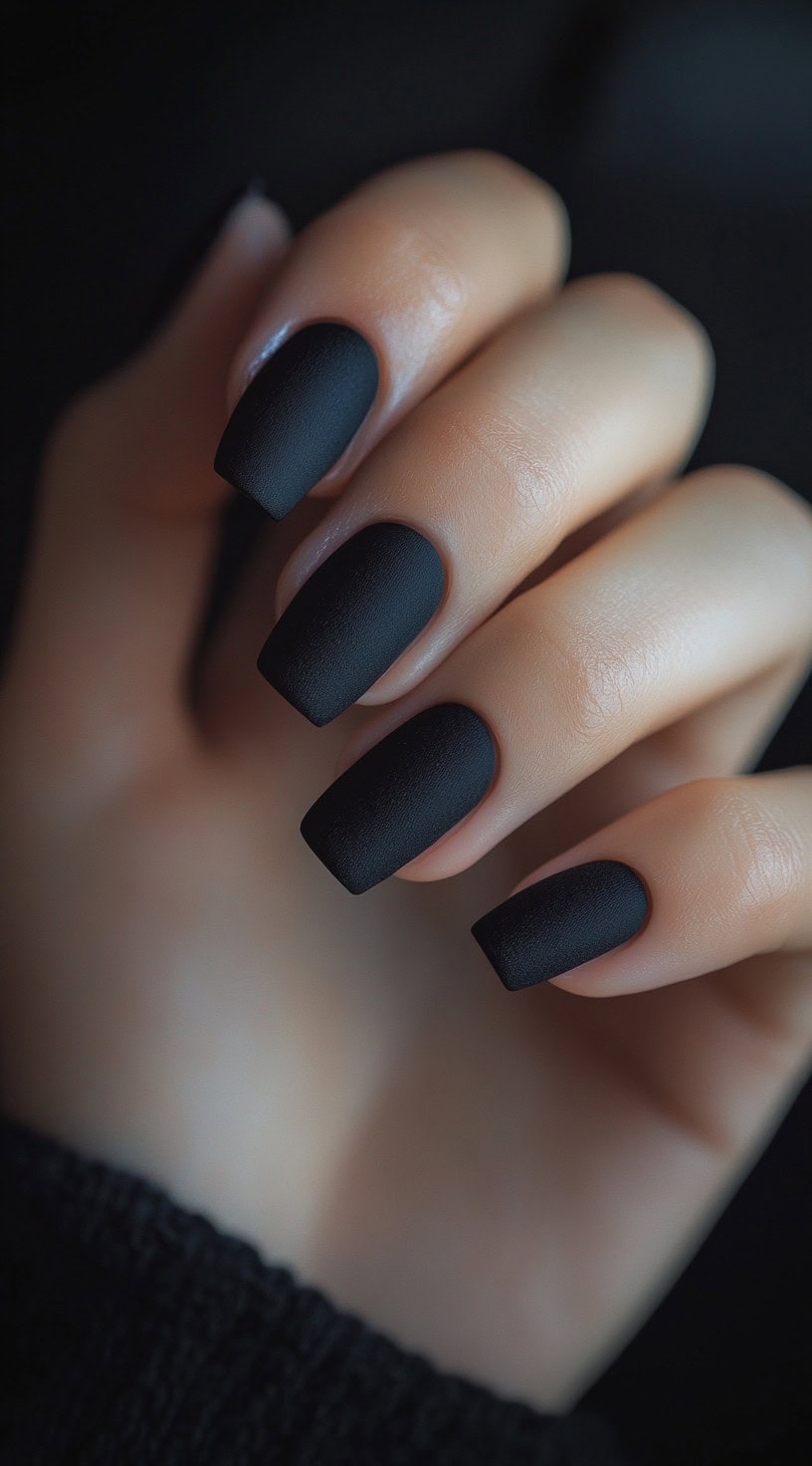 A hand with square-shaped nails painted in deep, velvety matte black, creating a smooth and elegant finish.