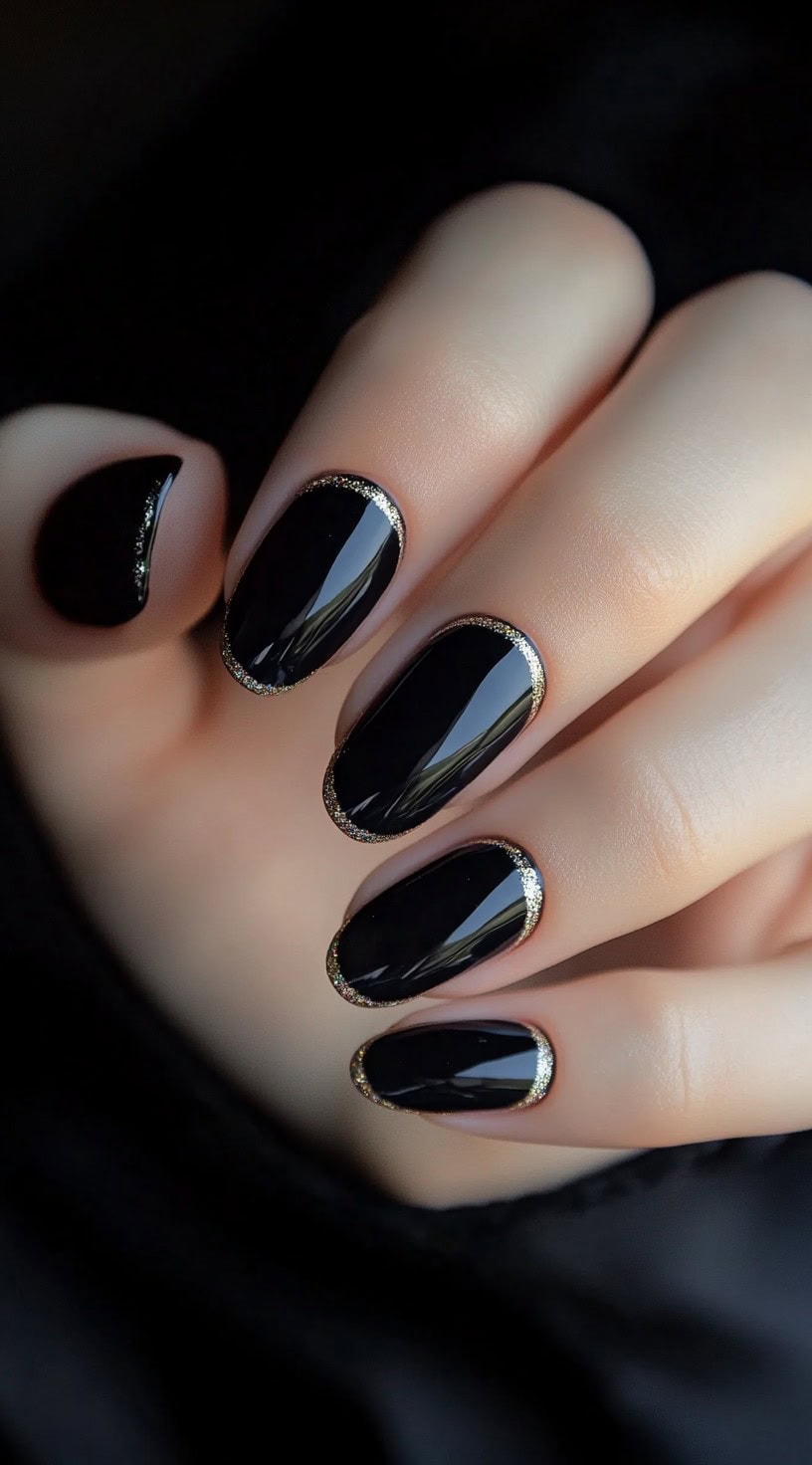 A hand with round-shaped nails painted in glossy black, outlined with fine gold glitter along the edges.