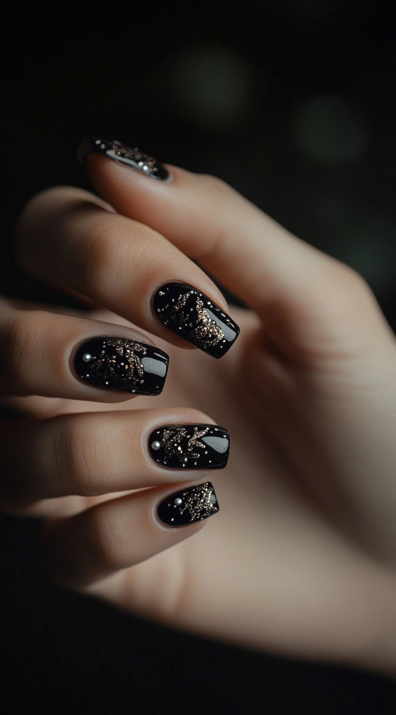 A set of short, square-shaped black nails featuring scattered gold glitter designs and tiny pearl embellishments for an elegant celestial touch.