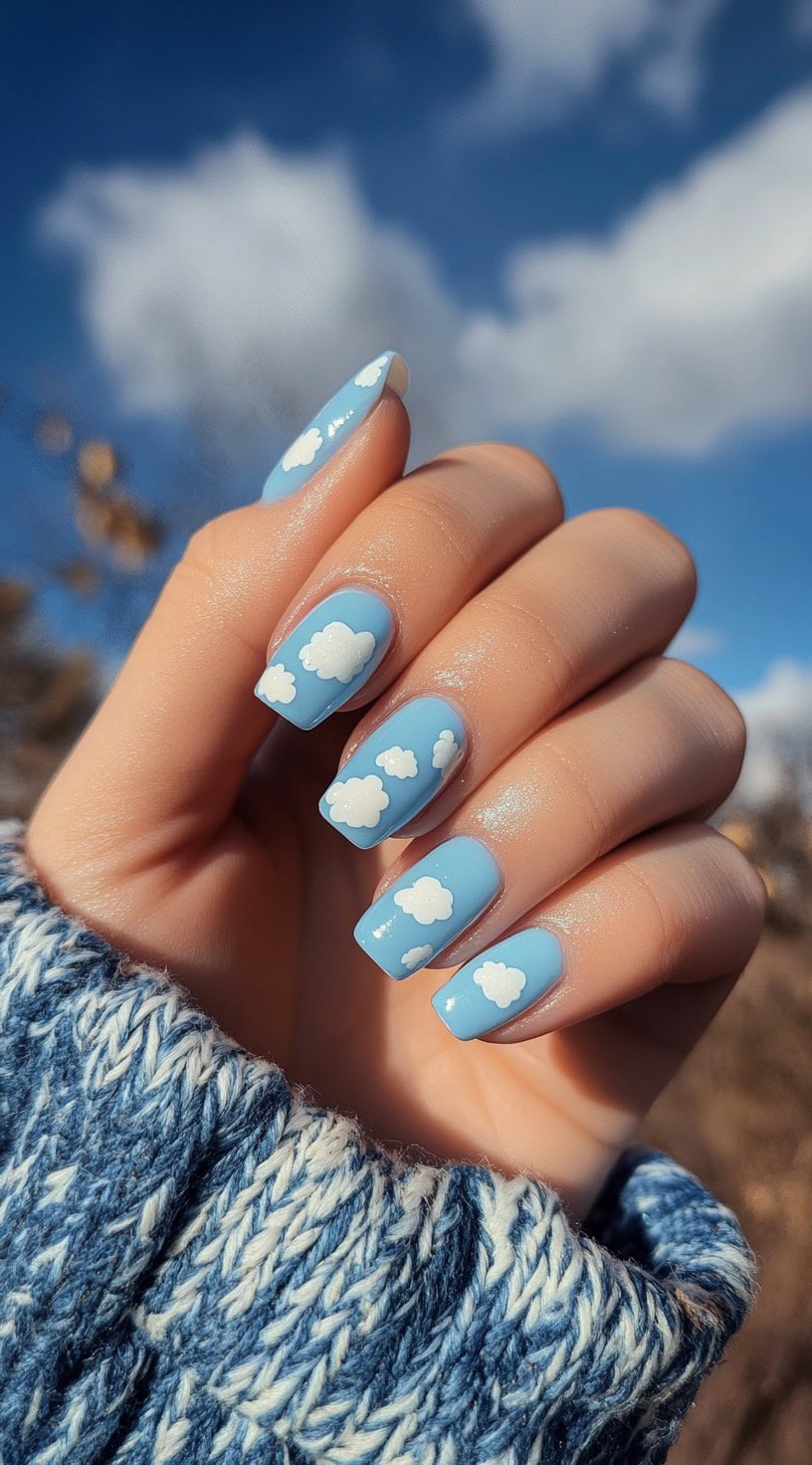 Square-shaped nails with a vibrant light blue base and fluffy white cloud accents.