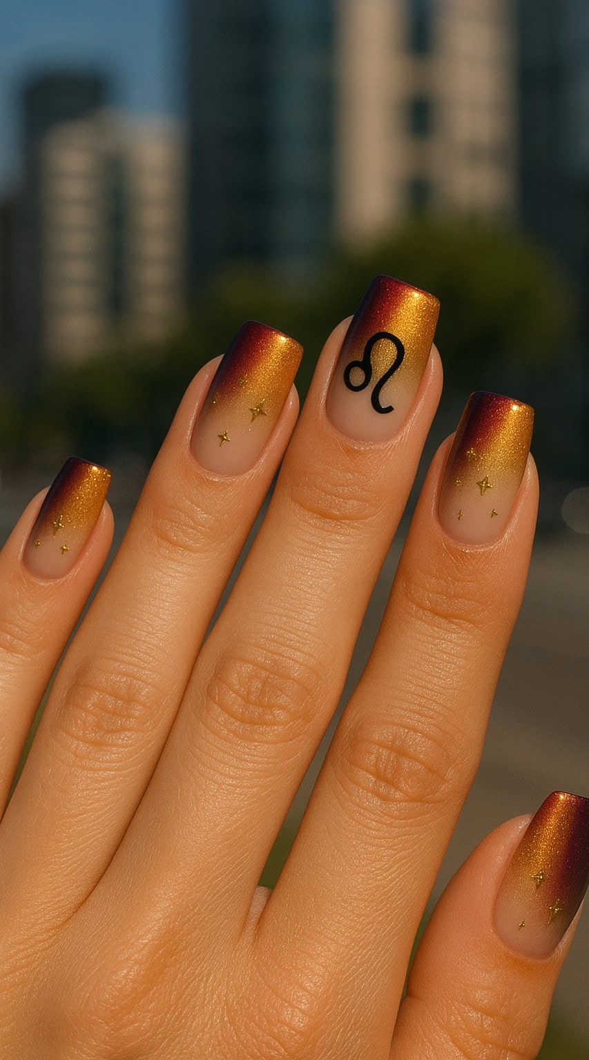 Square nails with burnt orange to gold ombré gradient, Leo zodiac symbol, and tiny golden stars.