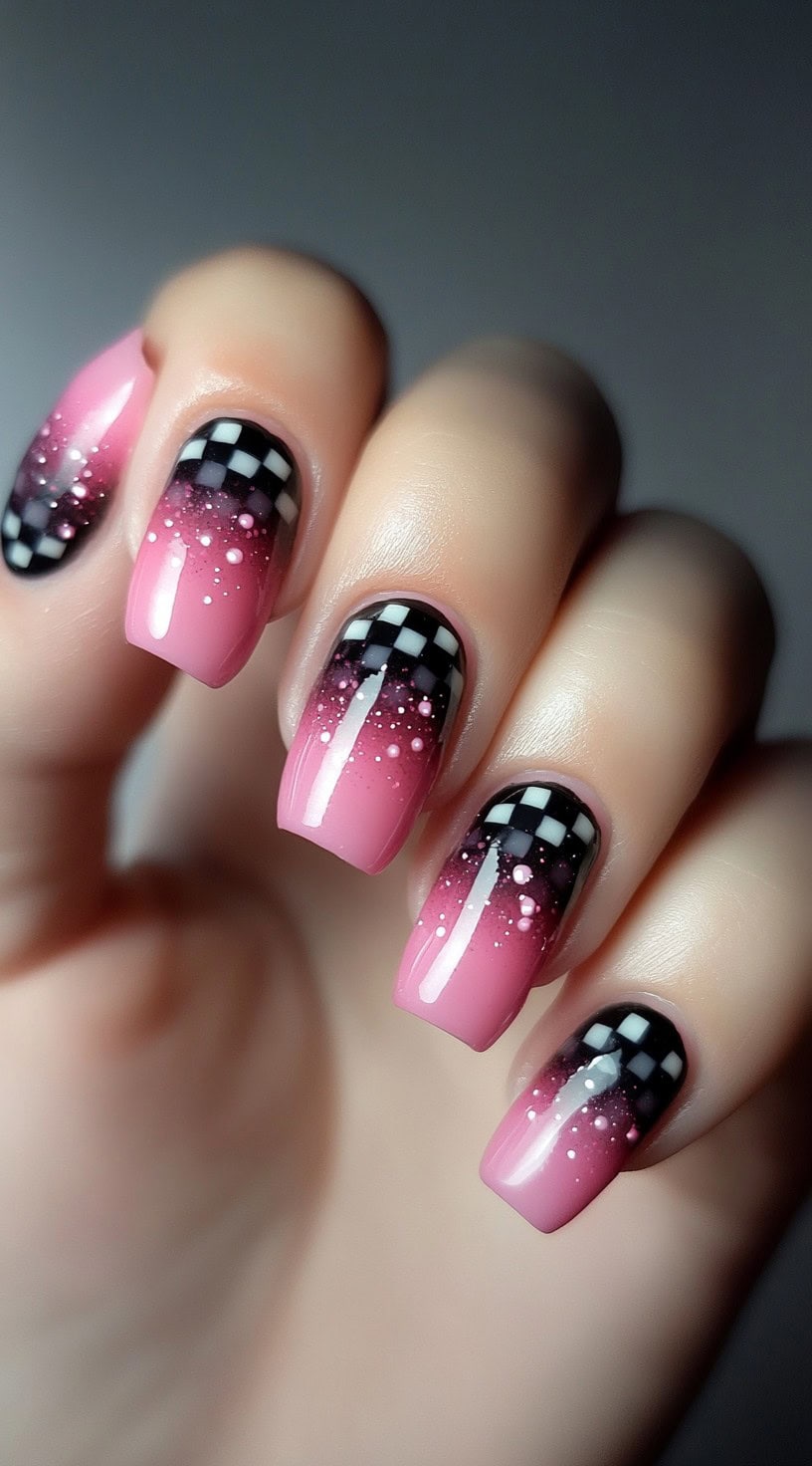 Close-up of long square nails with a black and white checkerboard pattern that fades into a pink ombre with scattered white dots and glitter.