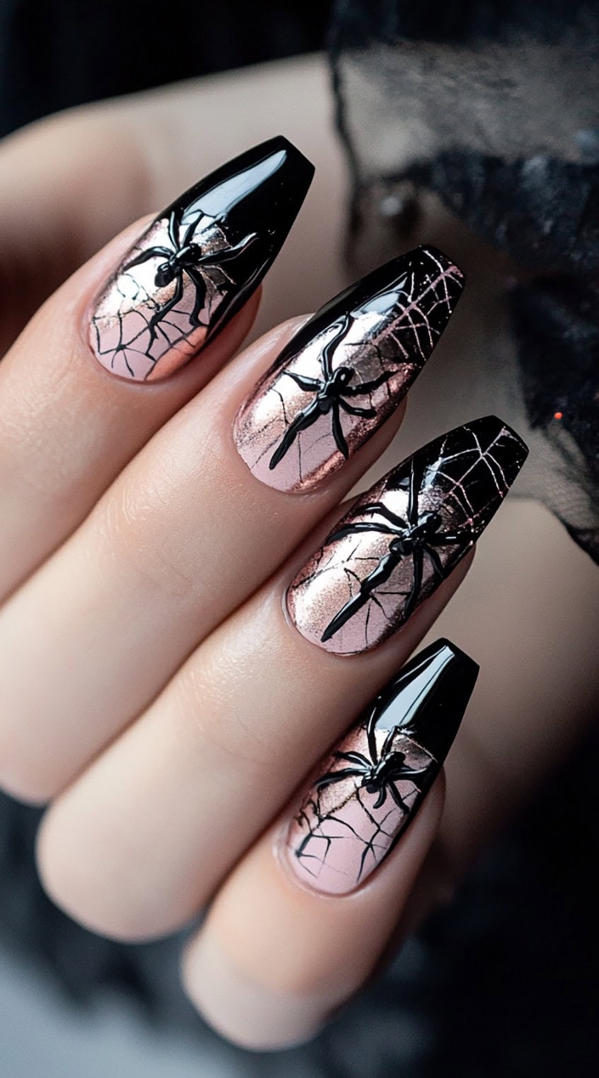 Chrome pink nails featuring black 3D spider art and web detailing.