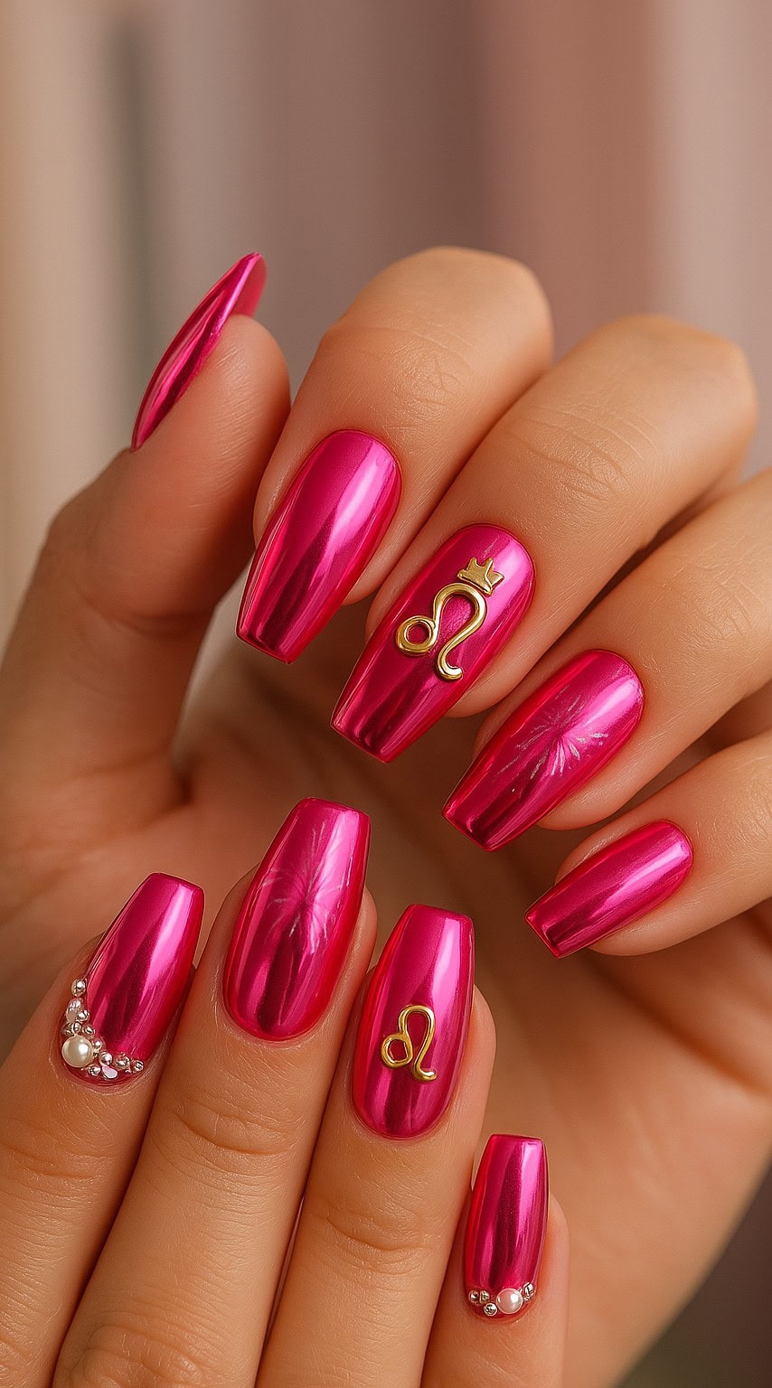 Glossy hot pink chrome nails with golden Leo symbols, pearl clusters, and crown embellishments.
