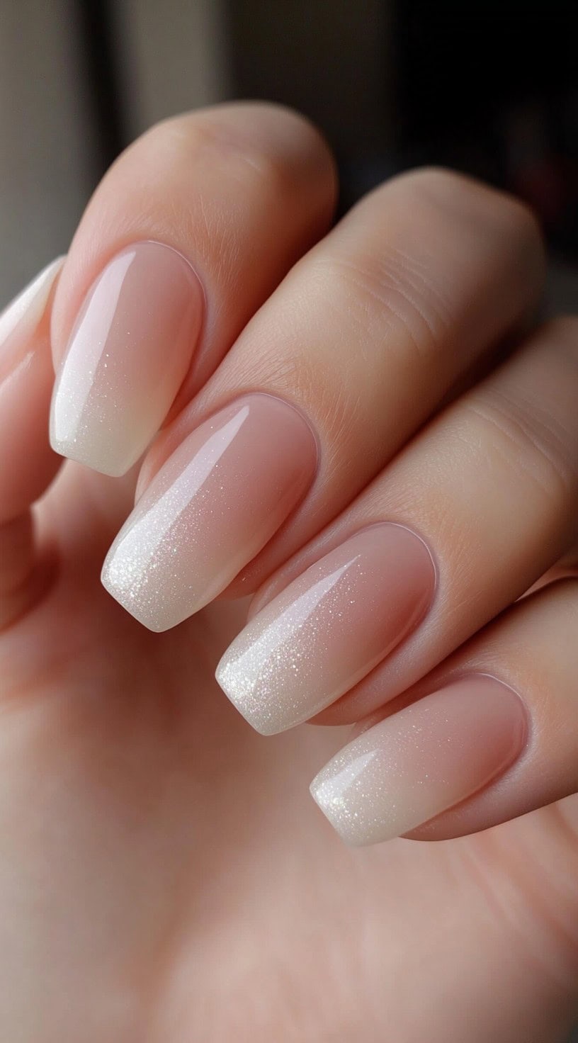 A hand with square nails featuring a soft pink-to-white ombré fade with fine glitter toward the tips.