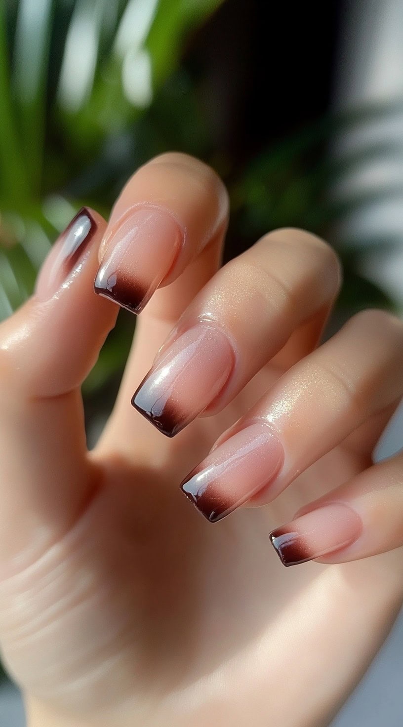 Square-shaped nails feature a clear base fading into rich brown French tips with a glossy finish.