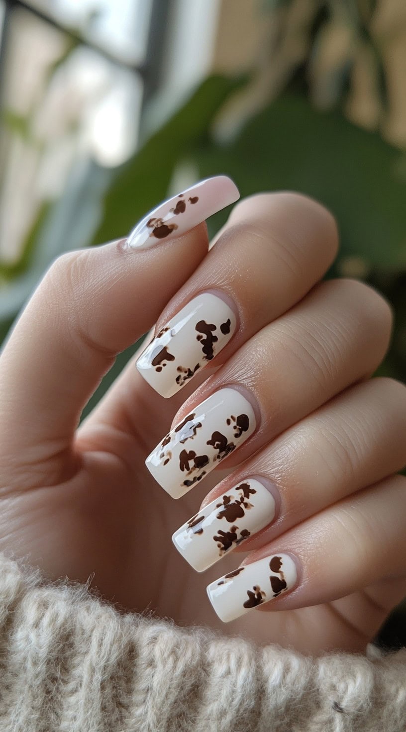 Long, square-shaped nails with a soft white base featuring irregular brown cow print spots.