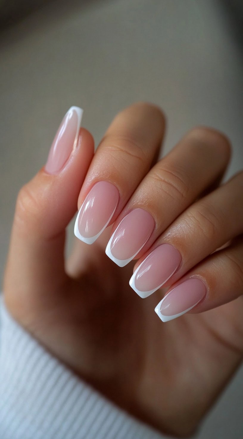 Square-shaped nails with a soft pink base and crisp white French tips, creating a timeless bridal look.