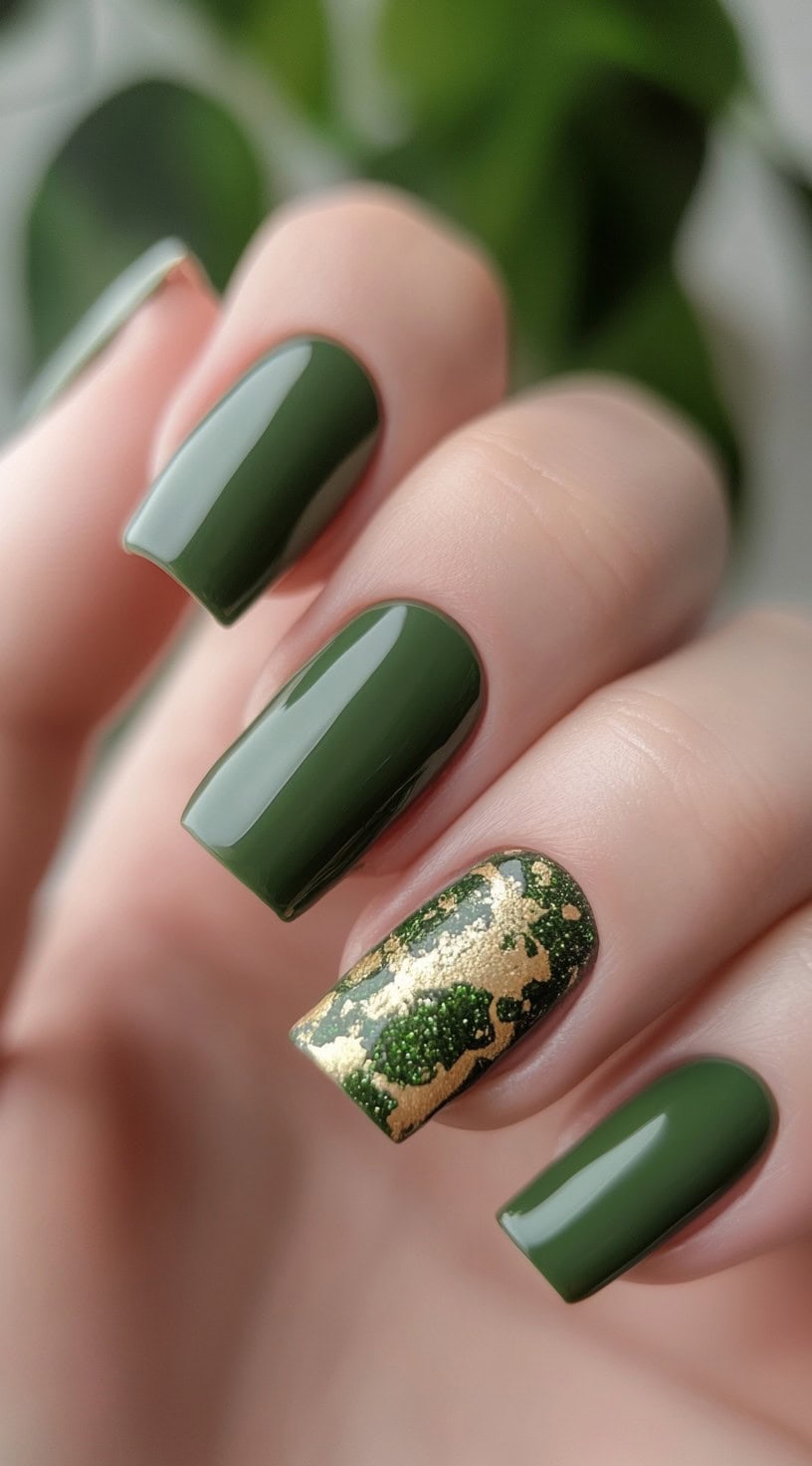 Square nails painted in glossy matcha green with one accent nail in green and gold foil flakes.