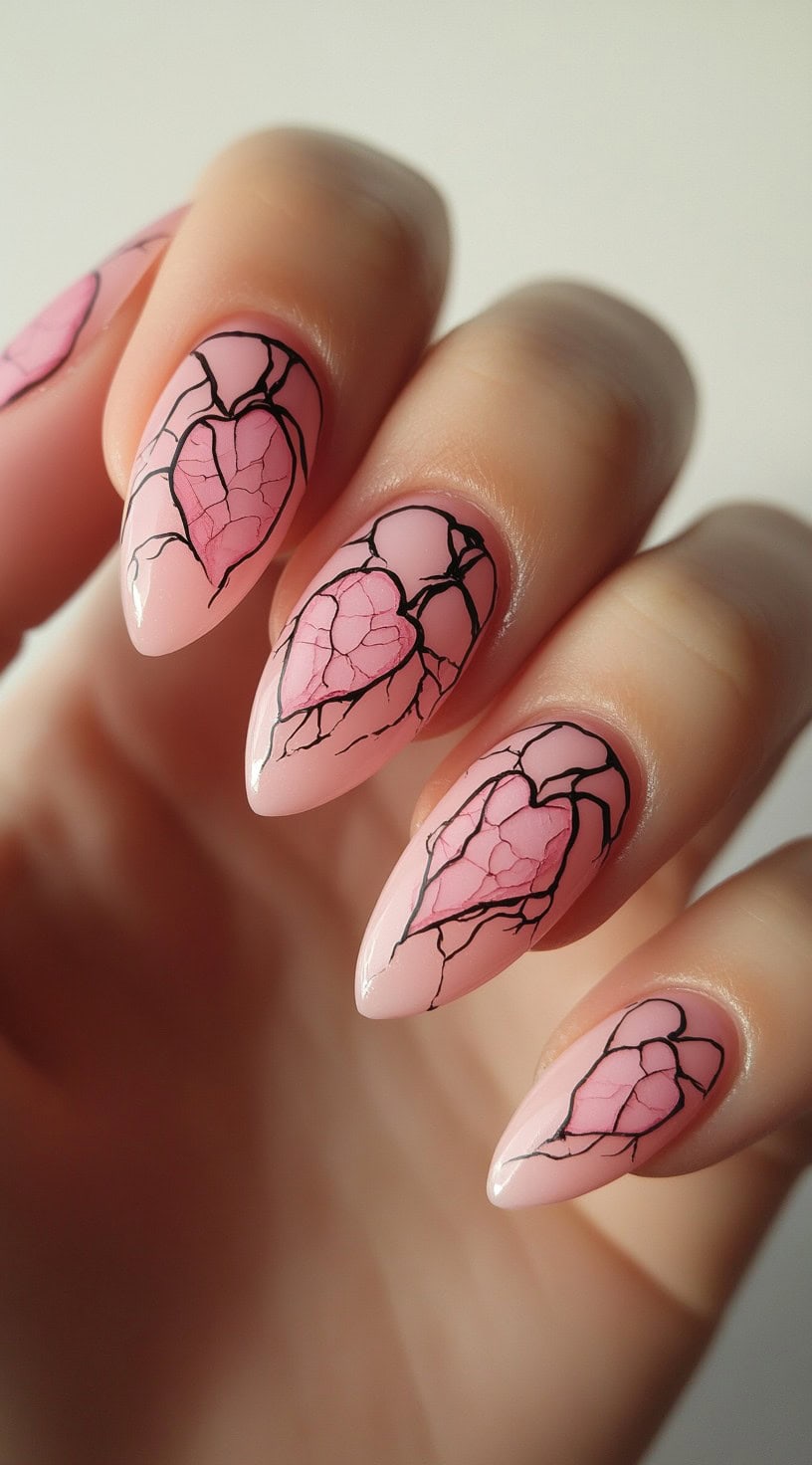 Almond-shaped pink nails with black-outlined cracked heart designs on each finger.