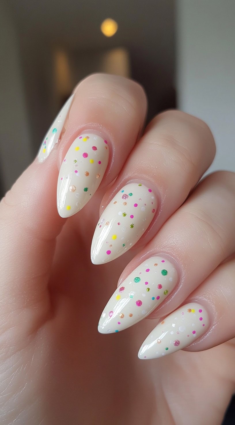 A hand with almond-shaped nails in a creamy base color speckled with multicolored glitter dots.